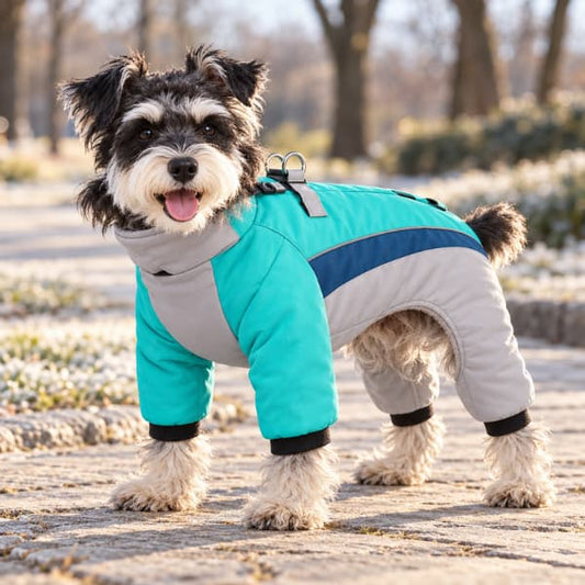 Miniature Schnauzer wearing a turquoise-green and grey four-legged winter suit with an integrated harness on a sunlit park path.
