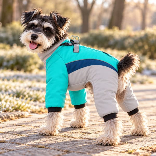 Miniature Schnauzer looking back while wearing a turquoise-green and grey winter suit, showing the four-leg coverage and upper-back harness attachment.