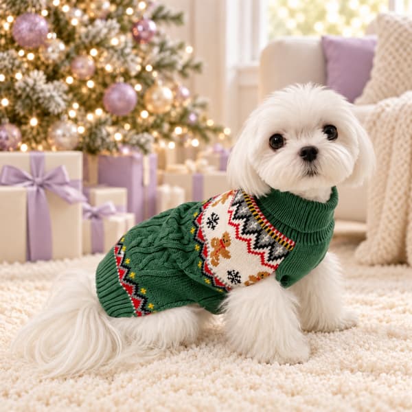 White Maltese wearing a green high-neck Christmas jumper with gingerbread figures, snowflakes and cable-knit detailing beside a decorated Christmas tree.