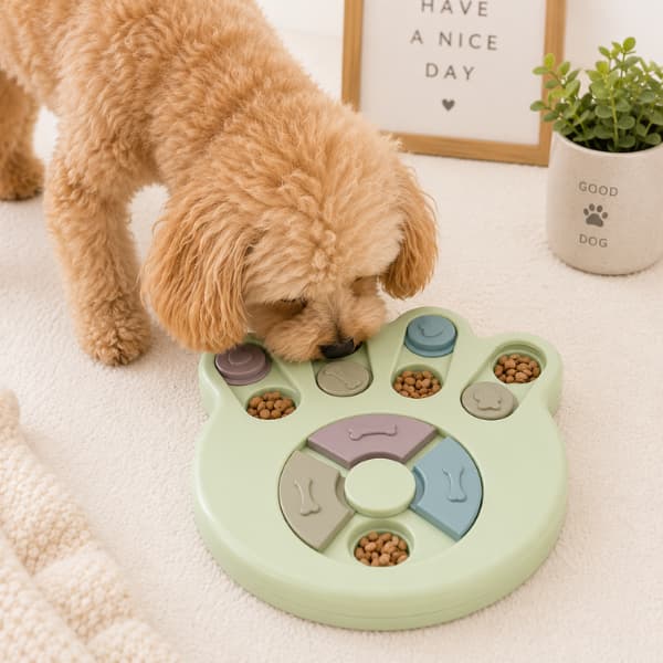 Small fluffy dog using a green interactive puzzle feeder toy designed to slow eating and provide mental stimulation for dogs