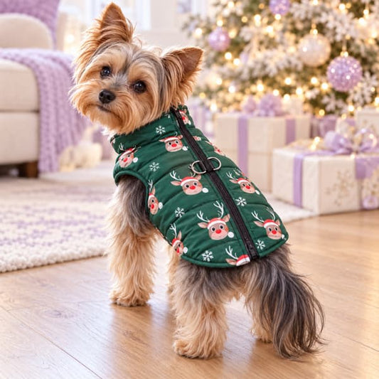 Yorkshire Terrier wearing a green reindeer-print Christmas dog coat, showing the back zipper and attachment rings beside a decorated tree.