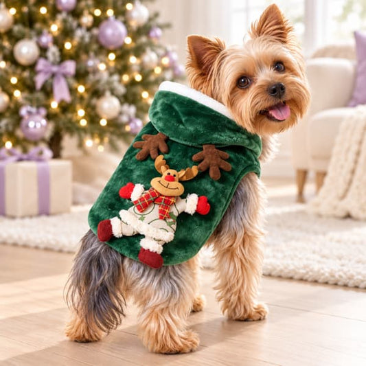 Yorkshire Terrier wearing a green plush Christmas hoodie with a raised reindeer decoration beside a Christmas tree with lavender ornaments.