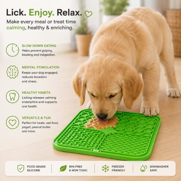Golden retriever puppy using a green silicone slow feeder lick mat with benefits for calmer eating, enrichment, and mental stimulation