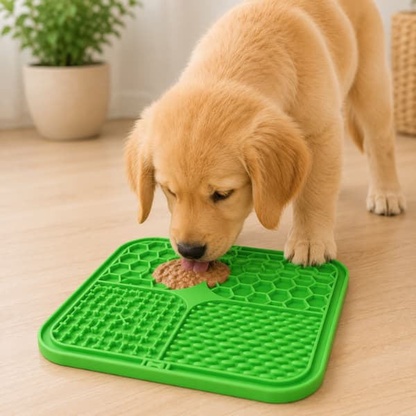 Golden retriever puppy using a green silicone slow feeder lick mat for calming enrichment and healthier slower eating
