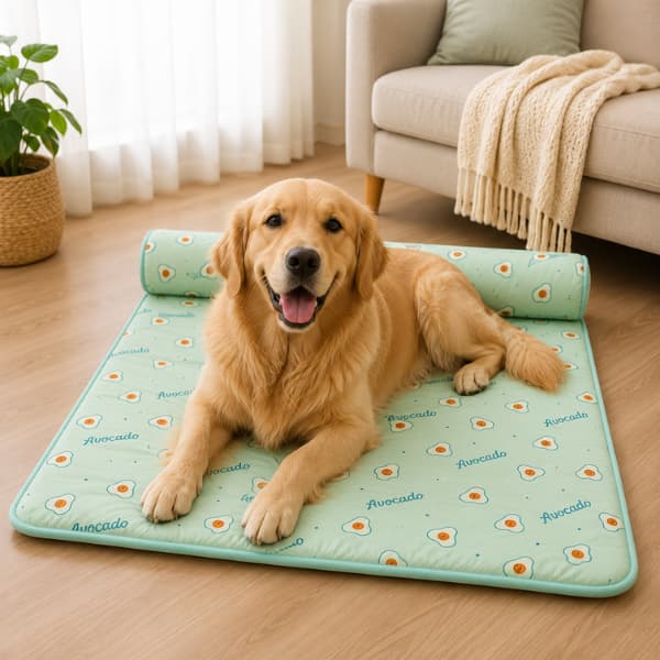 Golden Retriever relaxing on a green summer cooling pet mat with supportive headrest in a bright modern living room