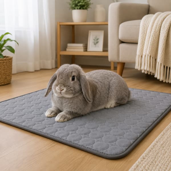 Lop-eared rabbit relaxing on a grey cooling mat indoors to stay comfortable during warm summer weather