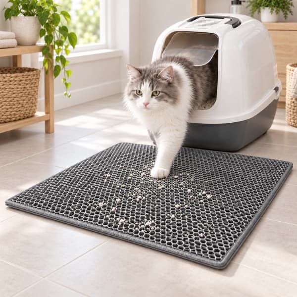 Fluffy white and grey cat stepping from a litter box onto a grey honeycomb cat litter mat