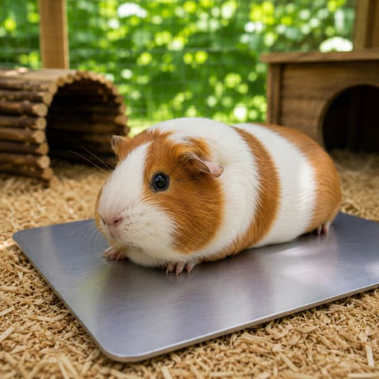 Guinea pig resting on a cooling plate to stay comfortable during hot summer weather