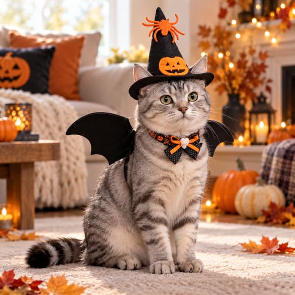 Silver tabby cat wearing Halloween bat wings, witch hat and bow tie