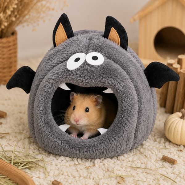 Golden hamster resting inside a grey Halloween bat small pet hideaway with soft fleece interior.