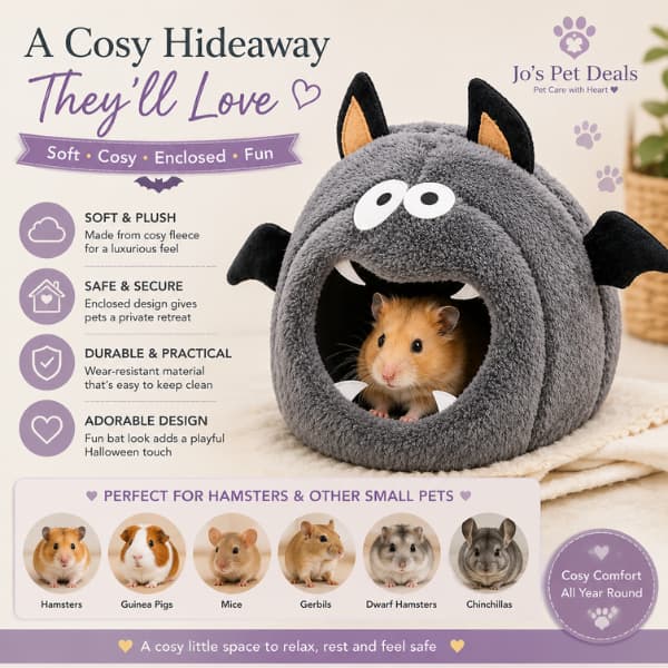 Halloween bat small pet hideaway benefits showing soft fleece, enclosed design and cosy resting space for hamsters and small pets.