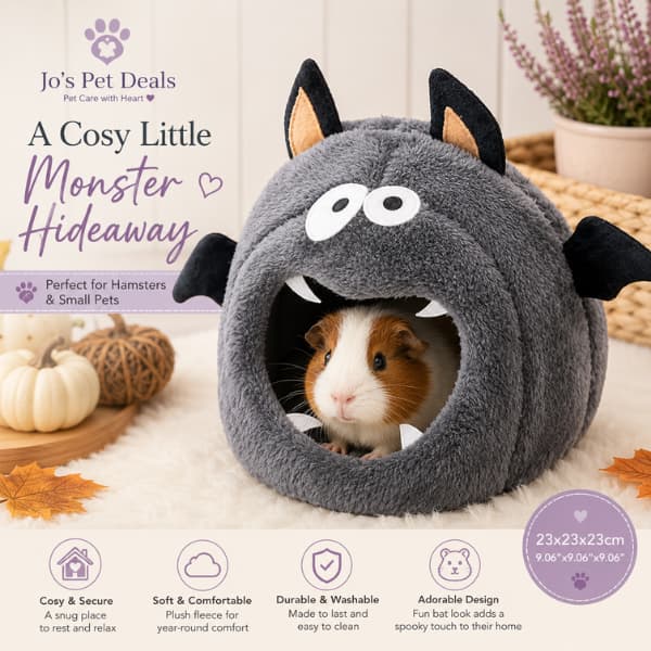 Grey Halloween bat small pet hideaway with a guinea pig inside the soft fleece cave bed.