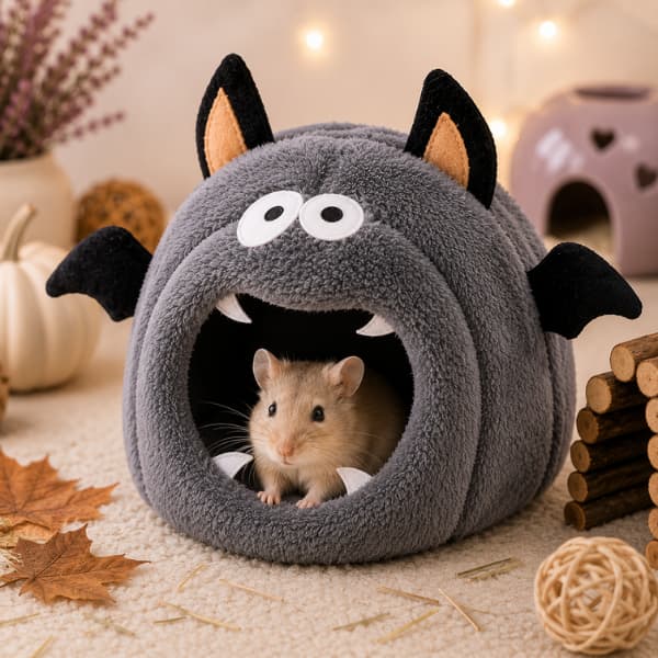 Small mouse resting inside a grey Halloween bat fleece hideaway in a cosy autumn setting.