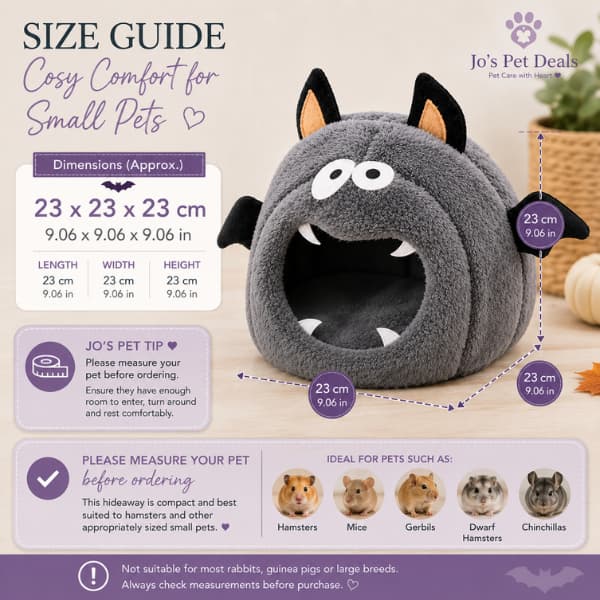 Size guide for grey Halloween bat small pet hideaway measuring 23 x 23 x 23 cm for hamsters and appropriately sized small pets.
