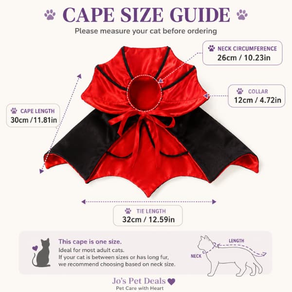 Halloween cat vampire cape size guide with neck, cape and tie measurements