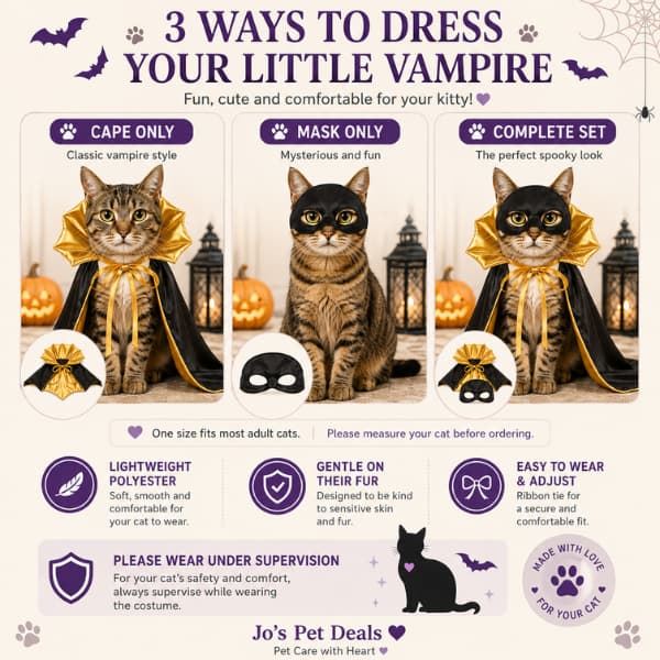 Halloween cat vampire costume showing cape, mask and complete set options