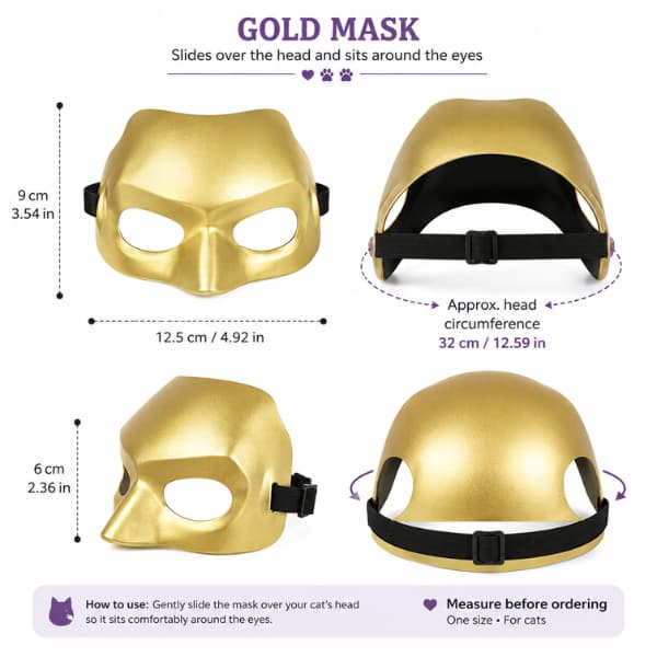 Gold Halloween cat vampire mask size guide with head and mask measurements