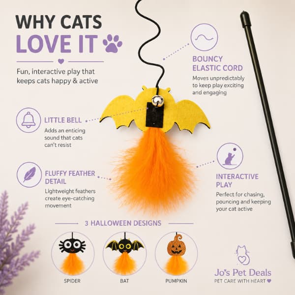 Halloween cat wand toy with elastic cord, bell, feathers and three spooky designs