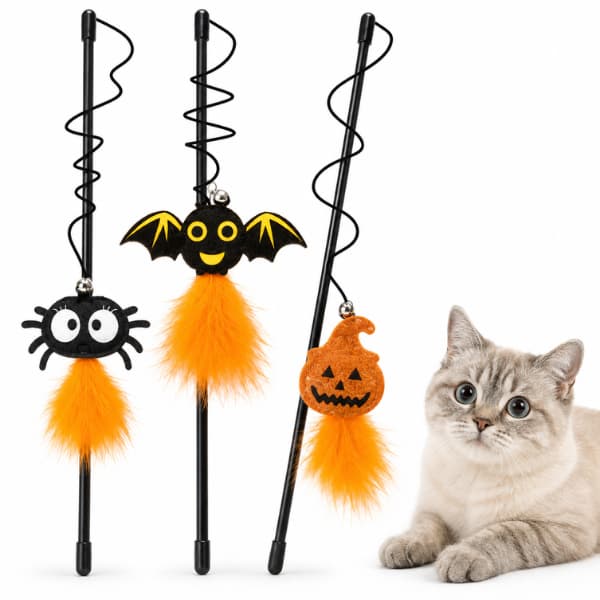 Halloween cat wand toys with spider, bat and pumpkin designs