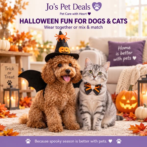 Dog and cat sharing a Halloween costume set with bat wings, witch hat and bow tie