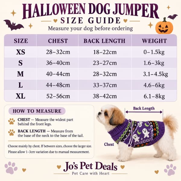Halloween knitted dog jumper size guide with chest and back length measurements for sizes XS to XL