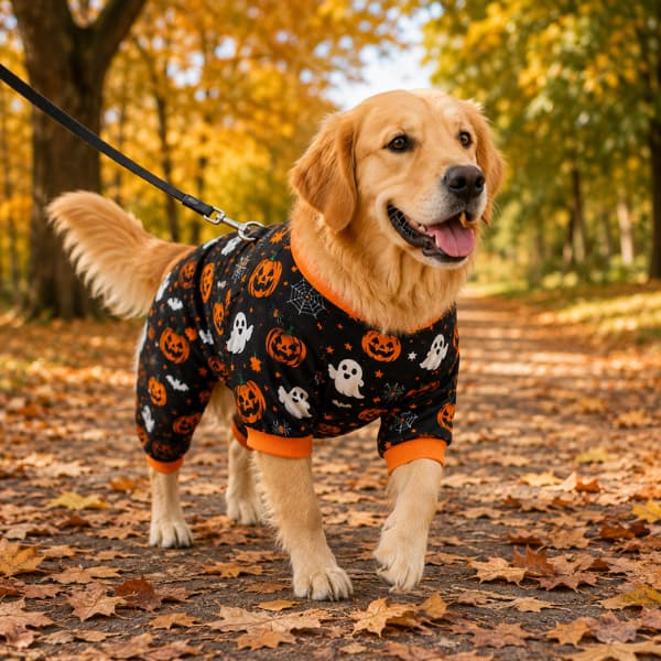 Dog wearing pumpkin and ghost Halloween outfit on an autumn walk