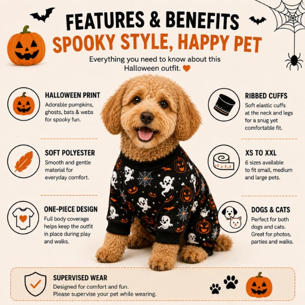 Halloween dog outfit features with pumpkin ghost print and ribbed cuffs