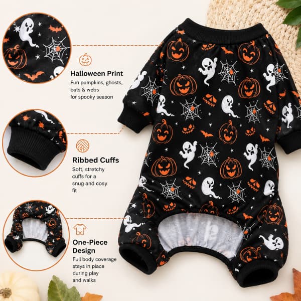 Black Halloween dog outfit with pumpkin ghost print and ribbed cuffs