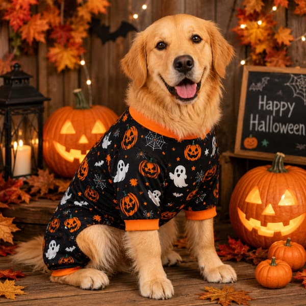 Dog wearing pumpkin and ghost Halloween outfit in autumn setting
