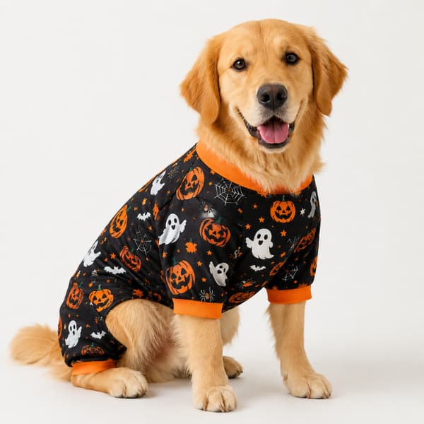 Dog wearing black pumpkin and ghost Halloween pet onesie