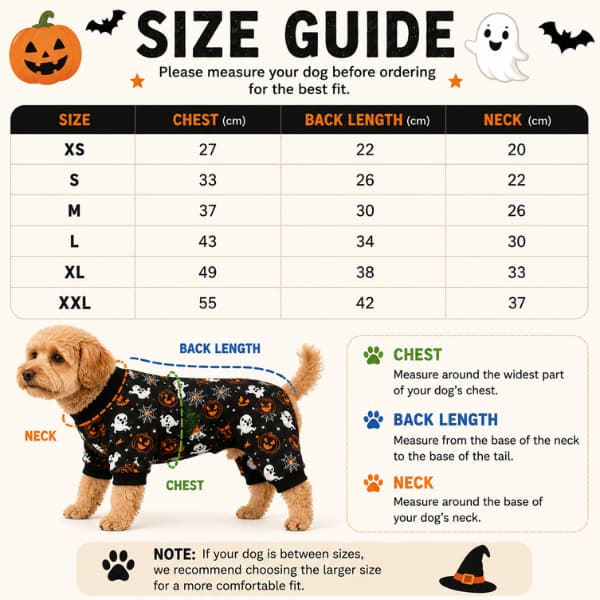 Halloween dog outfit size guide for XS to XXL with chest back and neck measurements