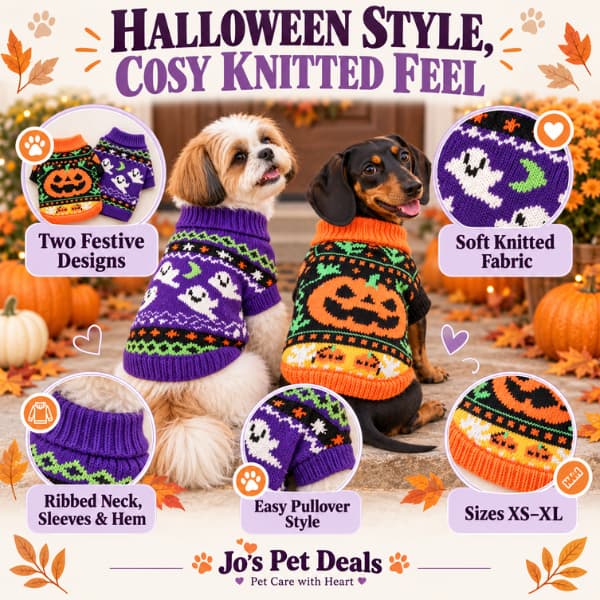Purple ghost and orange pumpkin knitted Halloween dog jumpers showing ribbed finishes, pullover design and sizes XS to XL