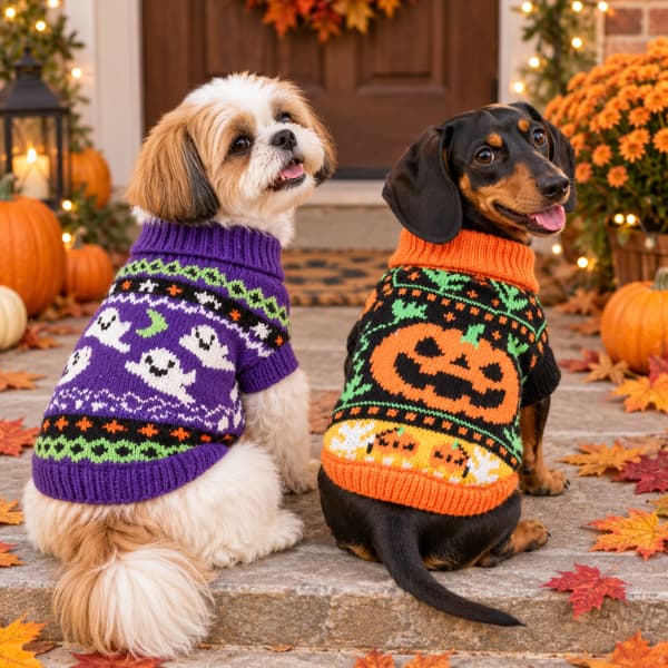 Shih Tzu and Dachshund wearing purple ghost and orange pumpkin knitted Halloween dog jumpers