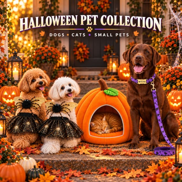 Halloween pet collection with dogs in spider costumes, a cat in a pumpkin bed and a personalised dog collar.