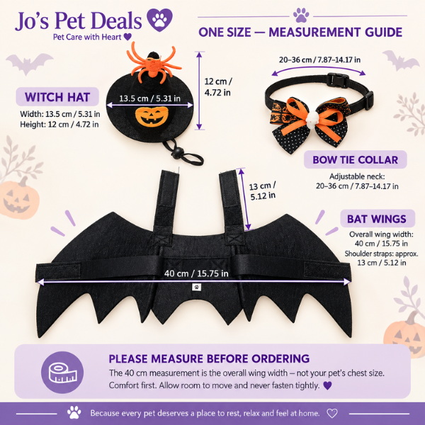 Halloween pet costume measurement guide for bat wings, witch hat and bow tie