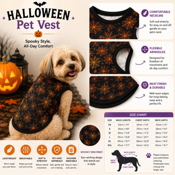 Halloween pet vest features showing lightweight design neckline armholes and spider web print