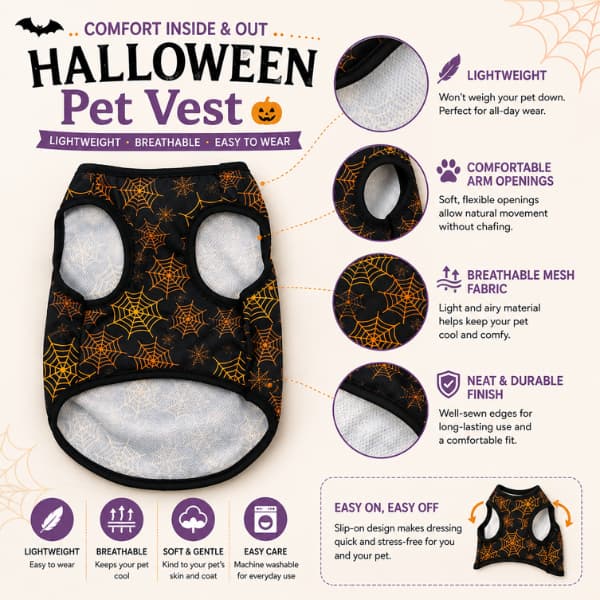 Halloween pet vest showing lightweight breathable fabric and comfortable arm openings