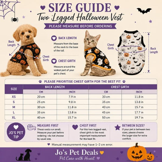 Halloween pet vest size guide XS to XL with chest girth and back length measurements for cats and dogs
