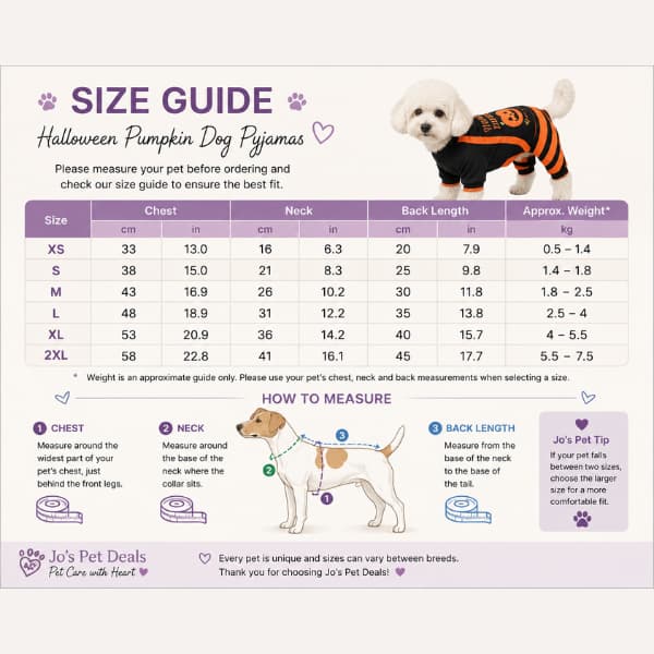 A size guide chart for Jo's Pet Deals Halloween Pumpkin Dog Pajamas, featuring a size table with chest, neck, back length, and approximate weight measurements for different sizes. The chart includes a small white dog wearing an orange and black striped costume, a larger dog illustration, and measurement instructions at the bottom.