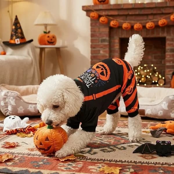 Small dog wearing black and orange Halloween pumpkin pyjamas