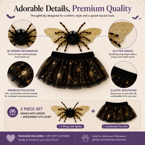 Halloween spider dog costume set with gold spider wings and black spiderweb tutu skirt