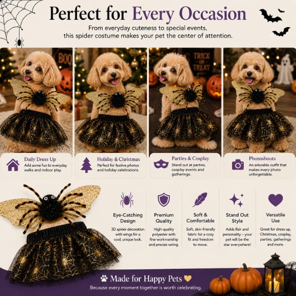 Dog wearing black and gold spider costume for Halloween parties, dress up and photos