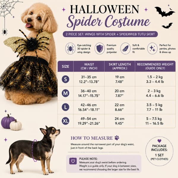 Halloween spider dog costume size guide with waist measurements for sizes S to XL