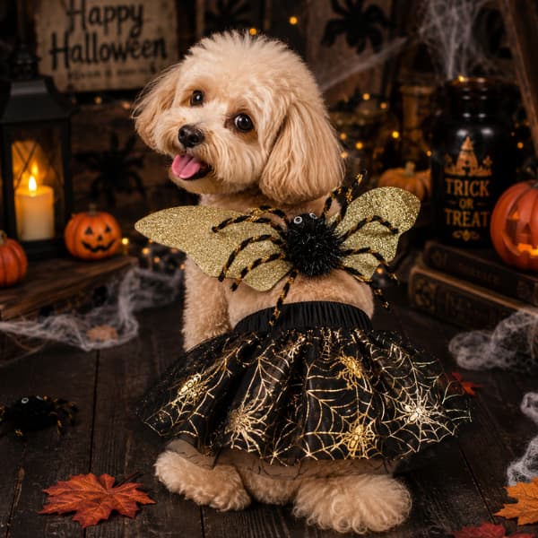 Small dog wearing black and gold Halloween spider costume with wings and tutu