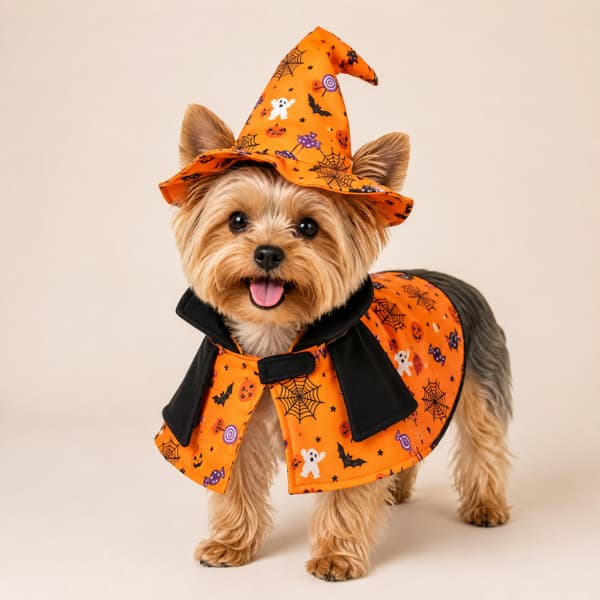 Orange Halloween witch hat and cape costume for small dogs