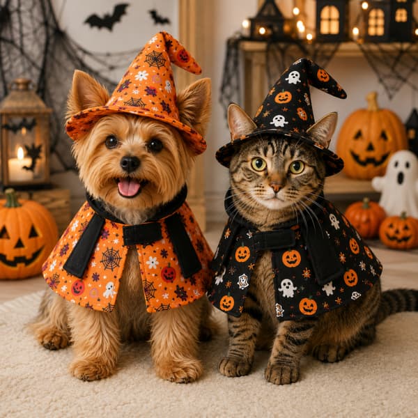 Dog and cat wearing orange and black Halloween witch hat and cape costumes