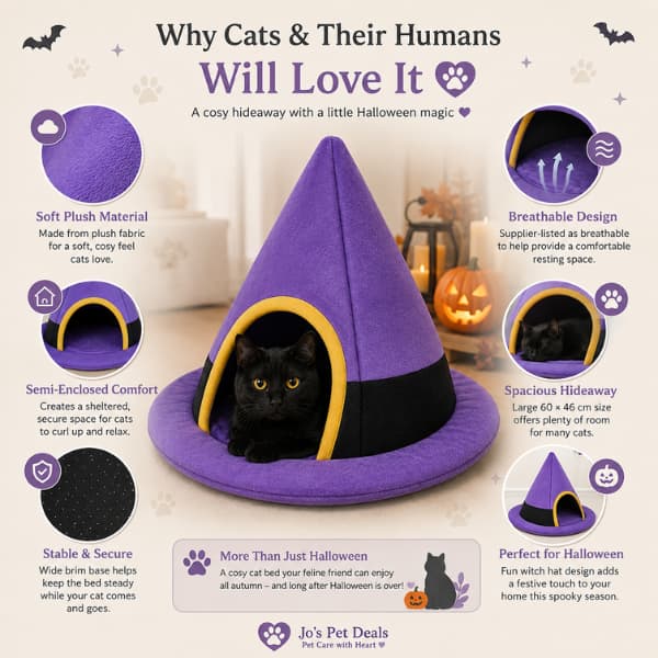 Benefits of purple Halloween witch hat cat bed with soft plush semi-enclosed hideaway