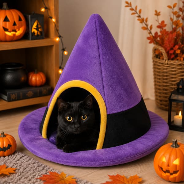 Black cat relaxing inside a purple plush Halloween witch hat cat bed