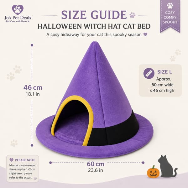 Halloween witch hat cat bed size guide showing 60cm width and 46cm height