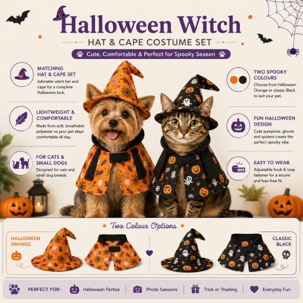 Halloween witch hat and cape costume for cats and small dogs in orange and black